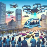 "Boston-based startup team working on AI-powered air taxis, showcasing innovative technology for urban commuting solutions, with aerial cityscape in the background."