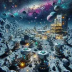 "AI robotic swarms assembling a futuristic asteroid mining outpost in space, showcasing advanced technology and automated construction techniques."