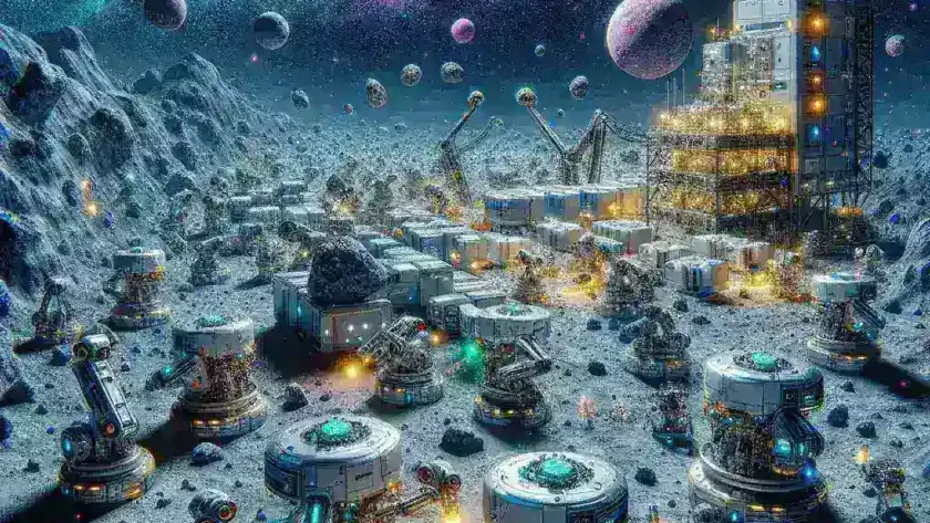 "AI robotic swarms assembling a futuristic asteroid mining outpost in space, showcasing advanced technology and automated construction techniques."