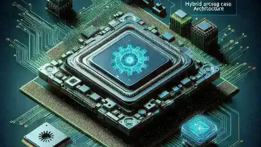 "Diagram illustrating hybrid cache architectures and their impact on AI workloads for AMD and Intel processors, showcasing performance comparisons and technological integration."