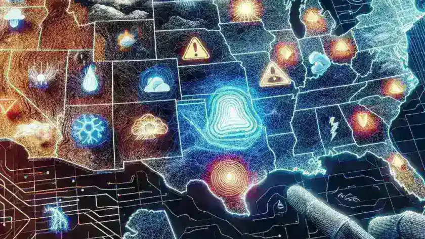 "AI-powered regional disaster alert system demonstration by Google News, showcasing alerts for natural disasters in U.S. feeds."